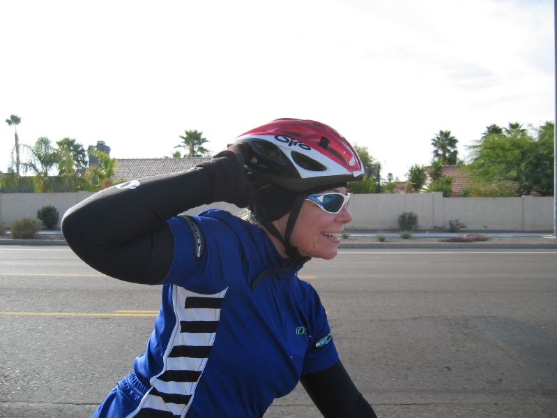 Michelle modeling her arm warmers